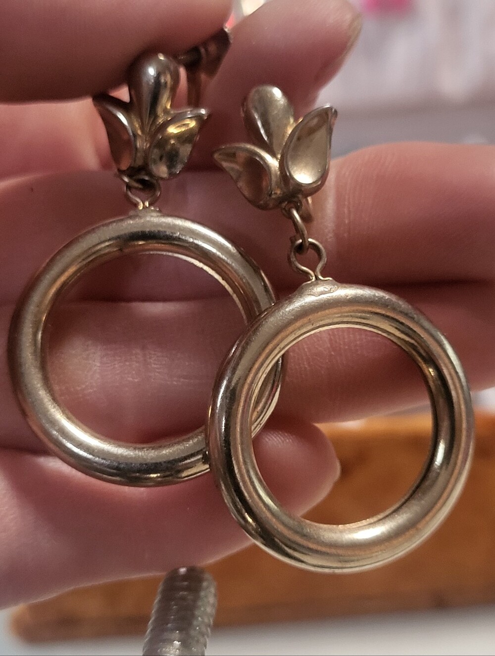 Vintage 1960s Silver Tone Door Knocker Dangle Earrings – Retro Hoop Drop